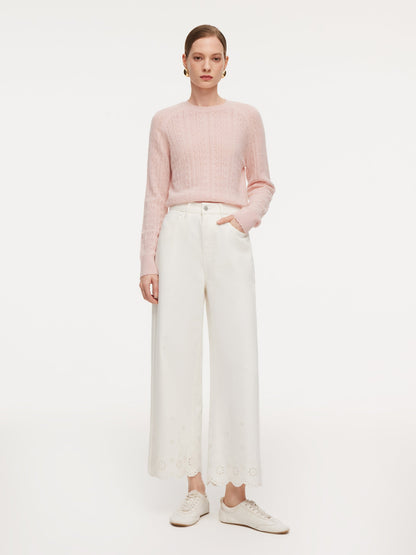 100% Cotton Denim Embroidered Women Wide Leg Jeans