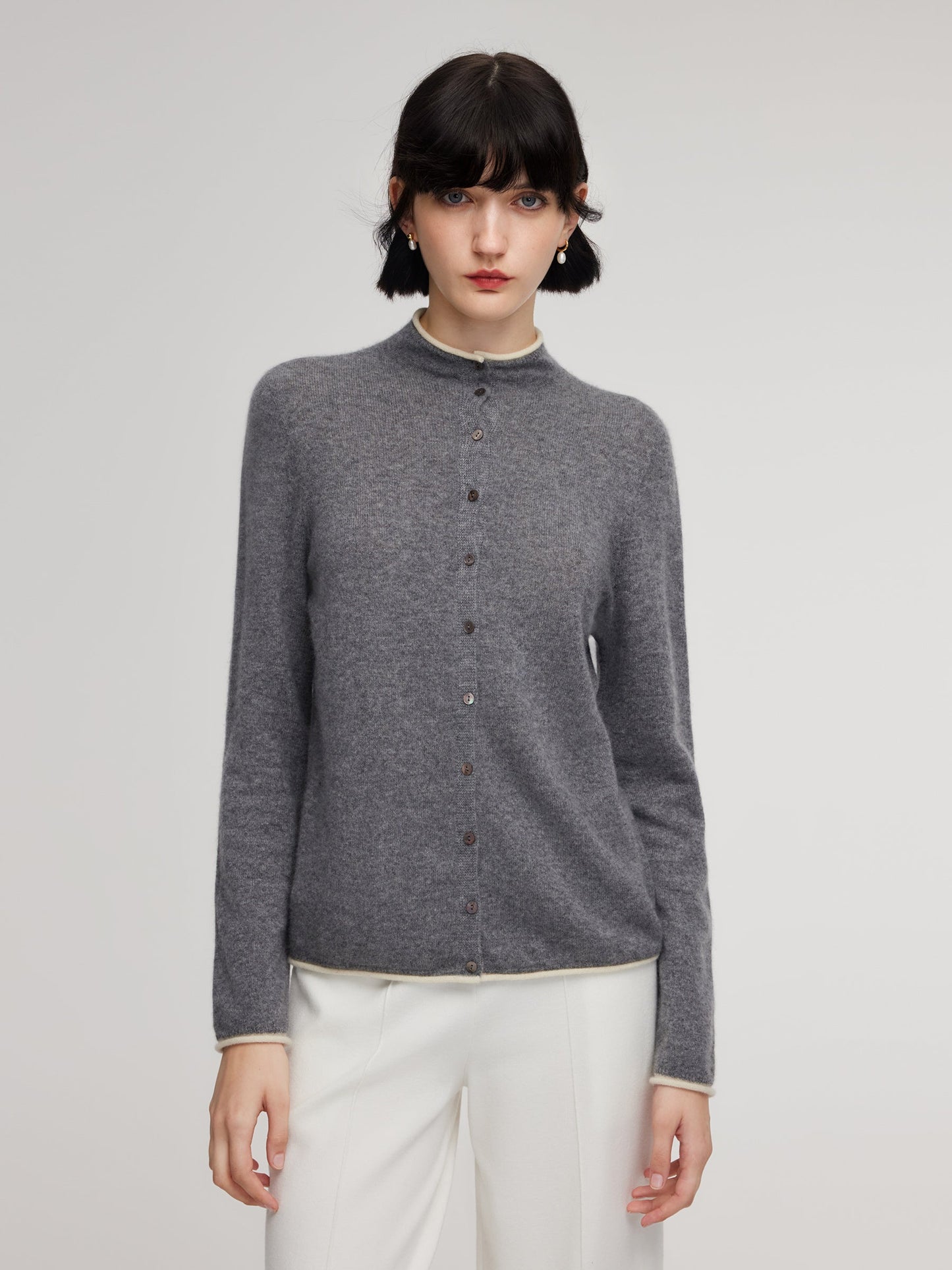 100% Cashmere Seamless Contrast Trim Women Cardigan