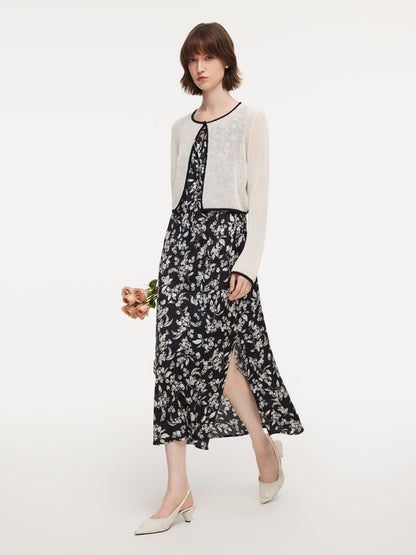Contrast Trim Openwork Cardigan And Floral Print Sleeveless Dress Two-Piece Set