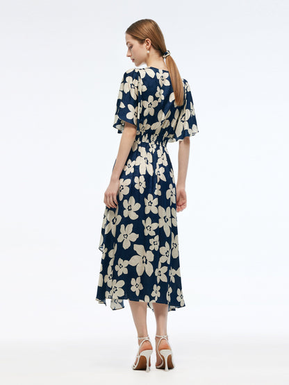 Batwing Sleeve V-Neck Women Asymmetric Hem Maxi Dress