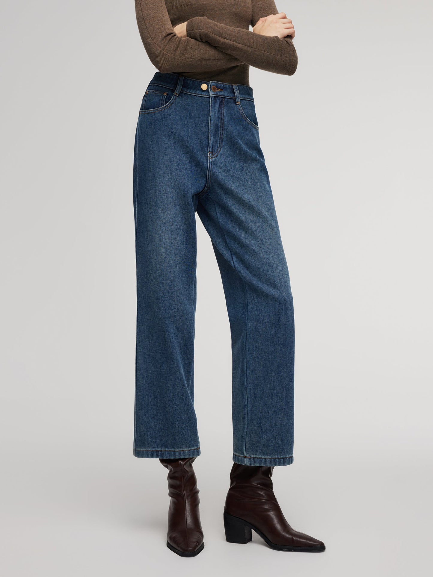 100% Cotton Denim Fleece Lined Women Straight Ankle Length Jeans