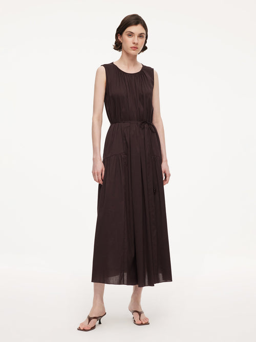 Cotton Blend A-line Women Sleeveless Maxi Dress With Self-Tie Belt