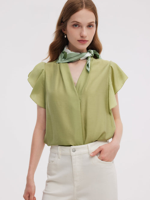 Acetate Blend V-Neck Women Ruffle Sleeve Blouse