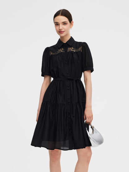 Tencel Blend Women Tiered Mini Dress With Ribbon
