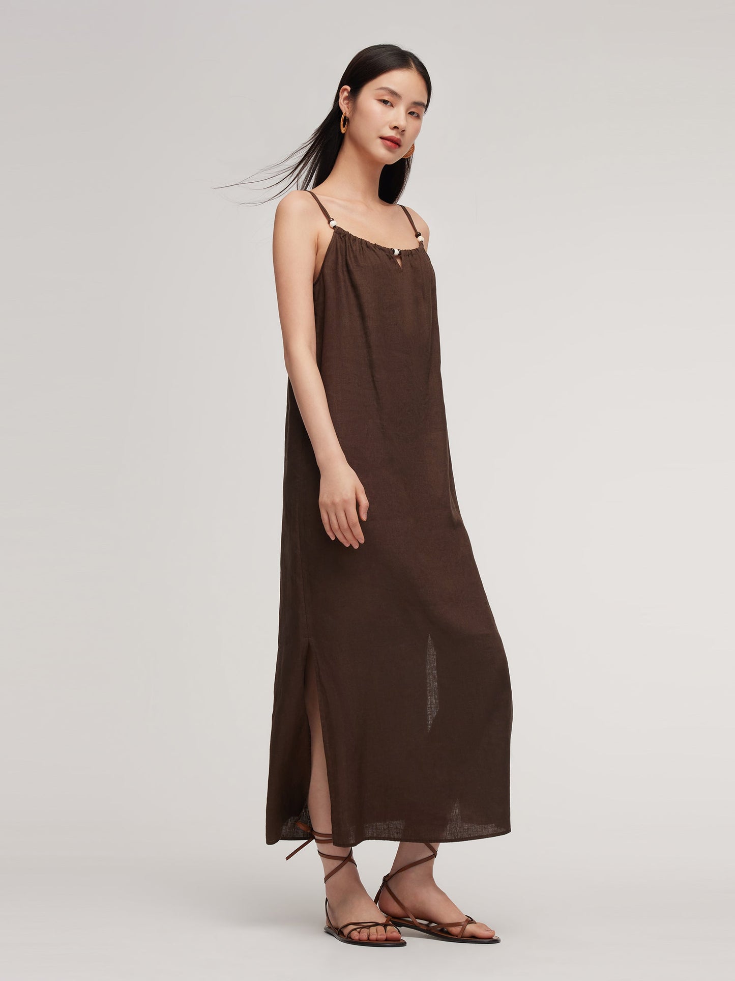 100% Linen Women Strap Maxi Dress With Tie String Belt