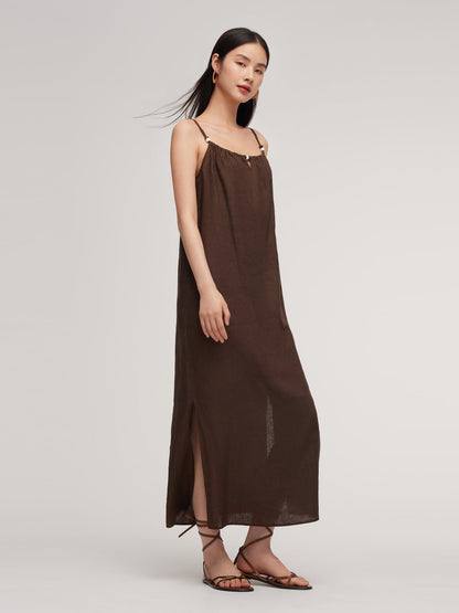 100% Linen Women Strap Maxi Dress With Tie String Belt