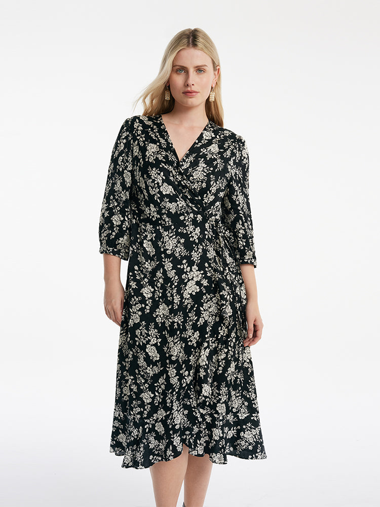 Camellia Print V-Neck Ruffle Hem Women Midi Wrap Dress