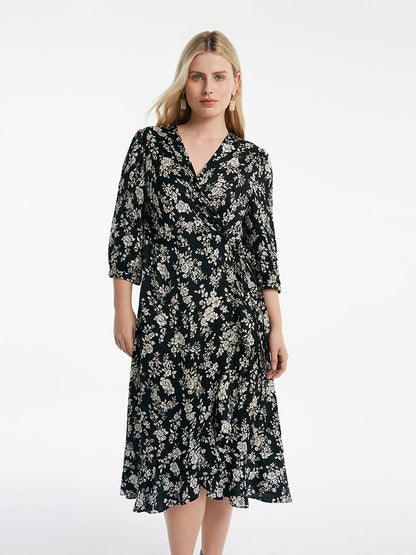 Camellia Print V-Neck Ruffle Hem Women Midi Wrap Dress