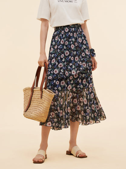 10MM Mulberry Silk Floral Print Women Tiered Skirt