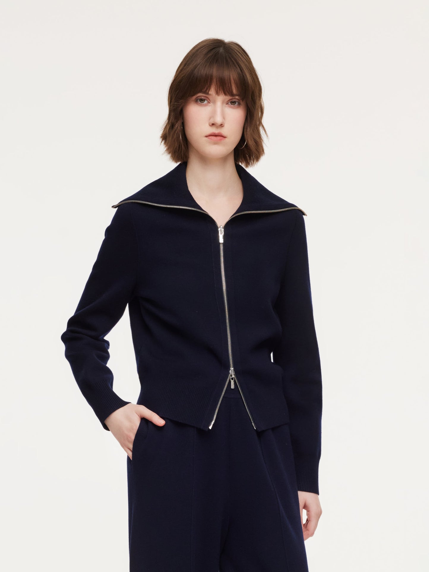 Lyocell Wool Blend Stripe Reversible Zip-Up Women Cardigan