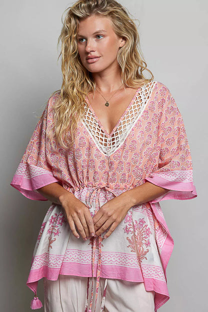 POL Block Print Floral Tie Front Boho Blouse