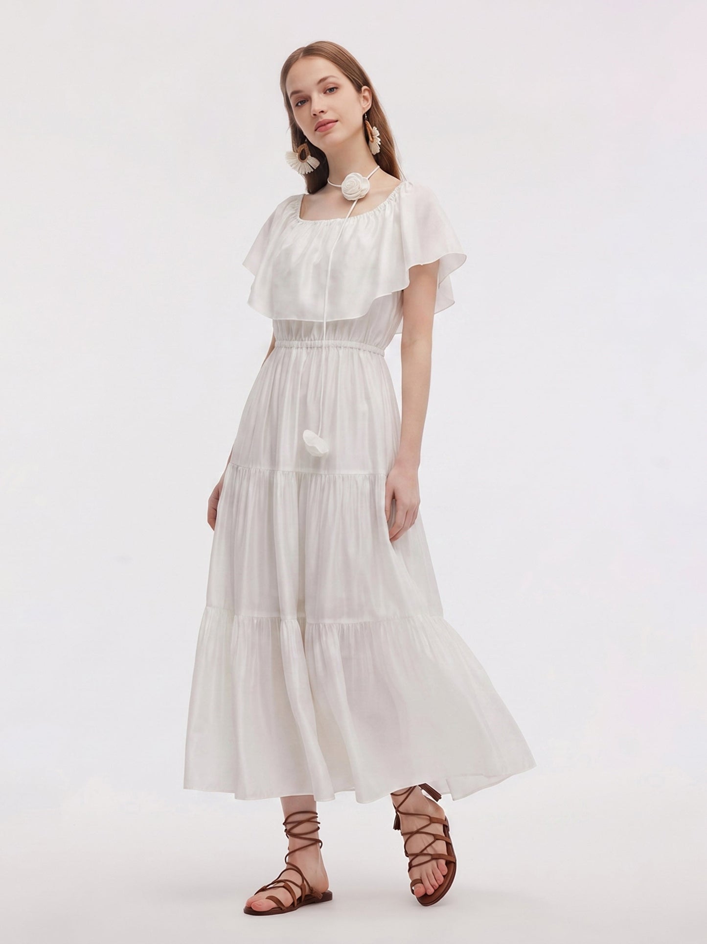 Tencel Blend Conovertible Neck Women Gathered Waist Maxi Dress With Floral Ribbon