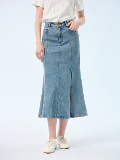 Denim Side Slit Women Eight-Panel Skirt