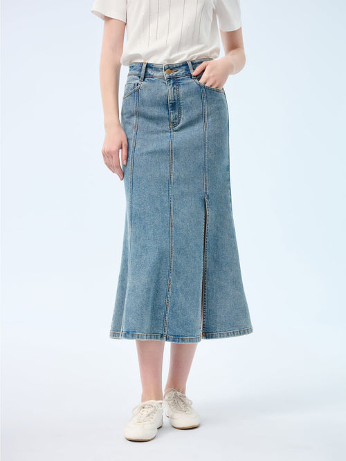 Denim Side Slit Women Eight-Panel Skirt