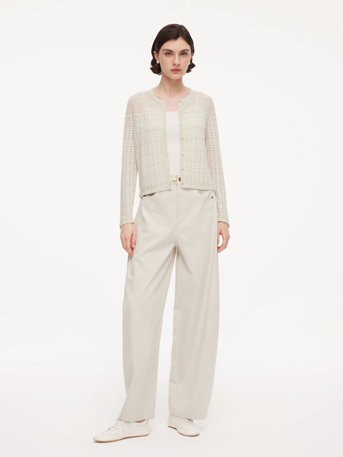 Acetate Cotton Blend Gradient Jacquard Women Openwork Cardigan