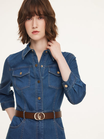 Denim Gathered Waist Women Maxi Dress With Belt