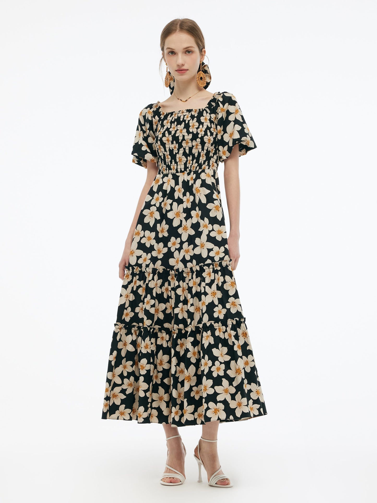 Cotton Stretch Floral Print Women Smocked Maxi Dress
