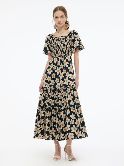 Cotton Stretch Floral Print Women Smocked Maxi Dress