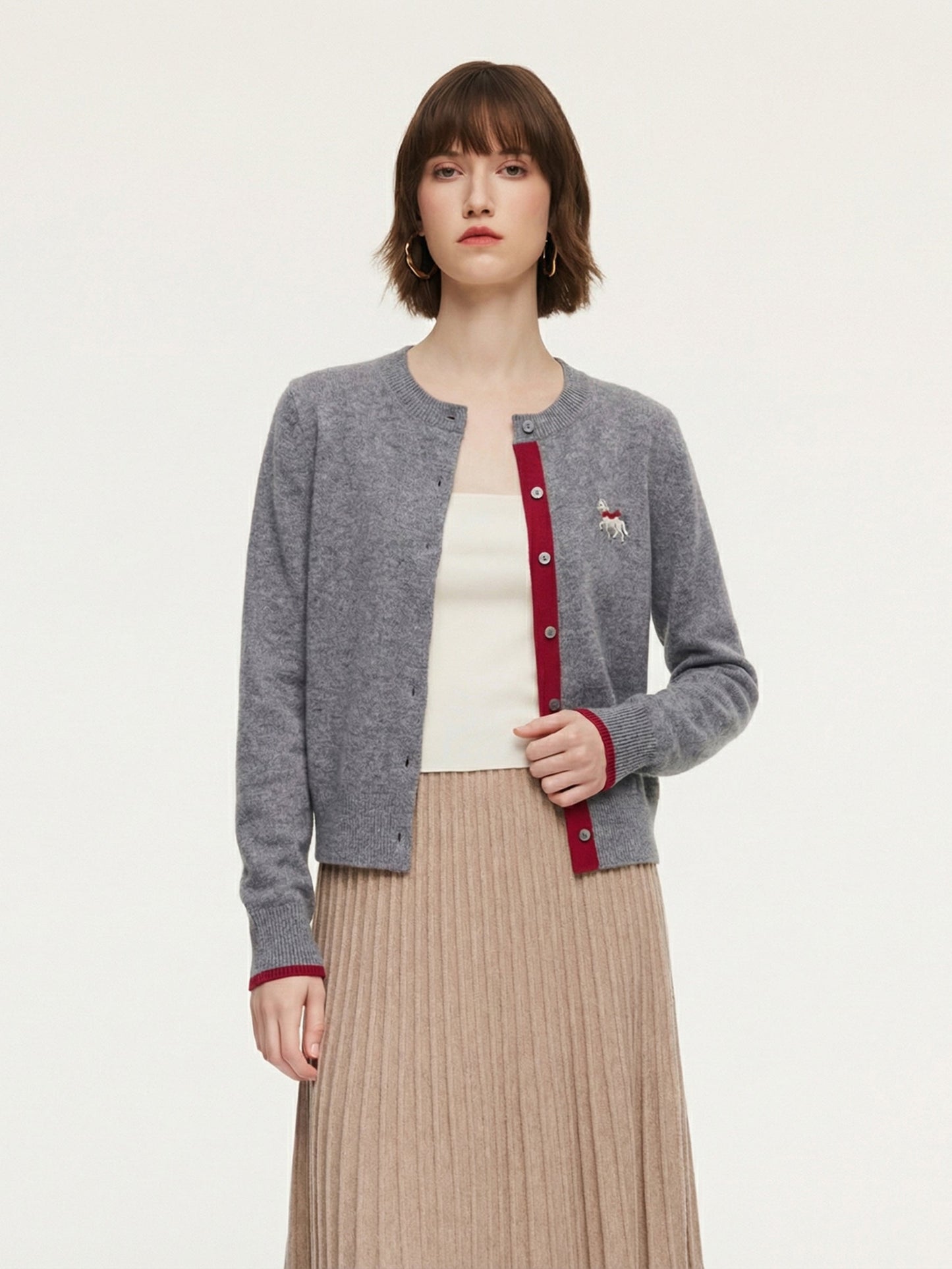 100% Wool Color Block Pony Embroidered Women Cardigan