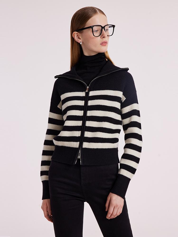 Woolen Knitted Stripe Women Cardigan