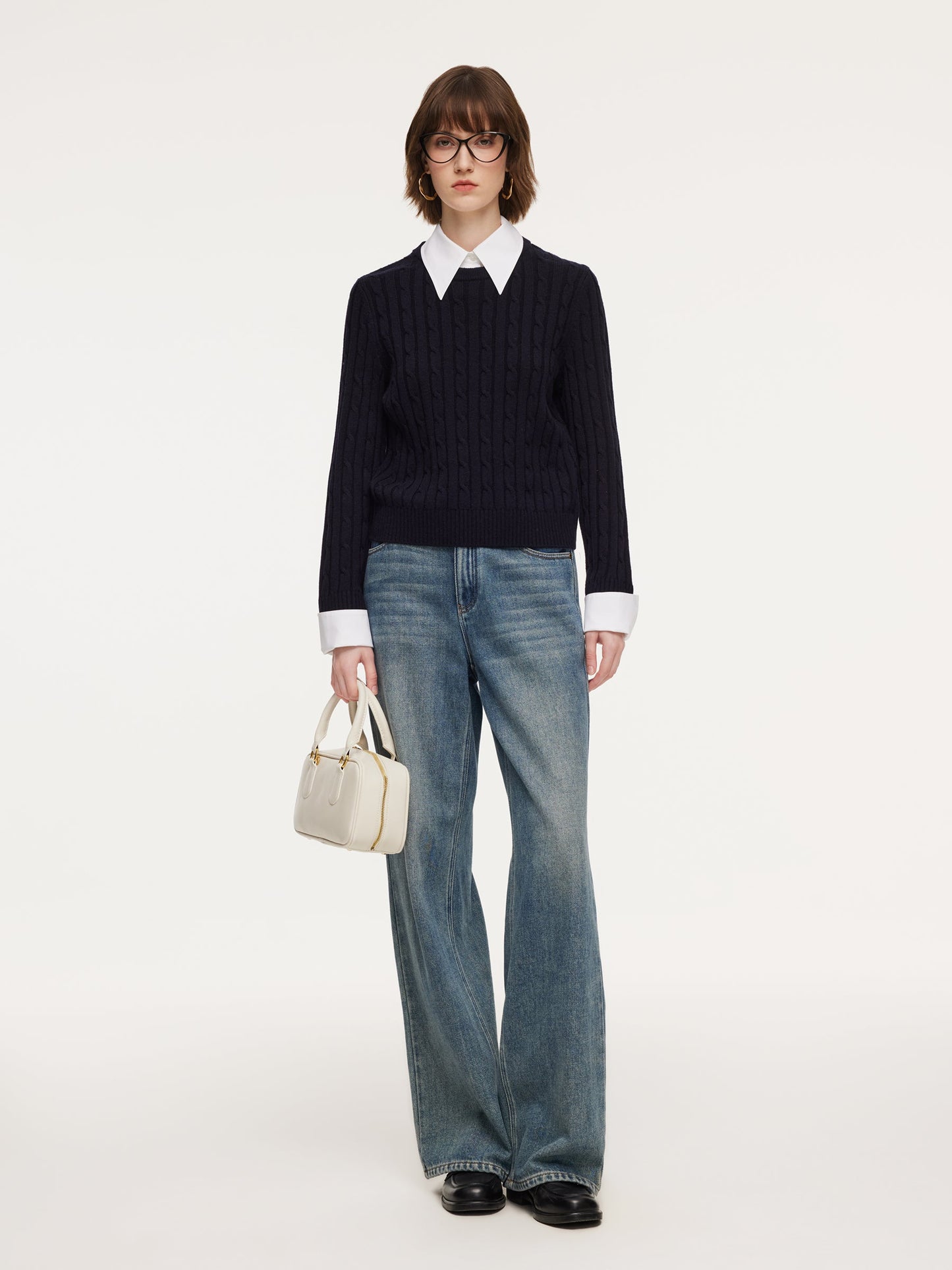 Wool Blend Cable Knit Women Sweater With Detachable Collar And Cuffs