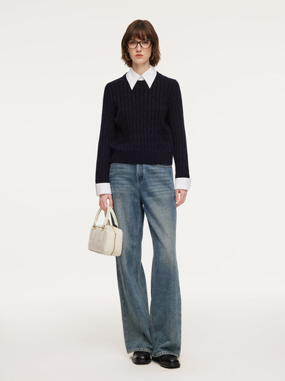 Wool Blend Cable Knit Women Sweater With Detachable Collar And Cuffs
