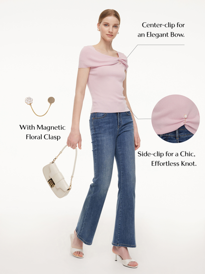 Lyocell Blend Off Shoulder Women Knit Top With Detachable Magnetic Flower
