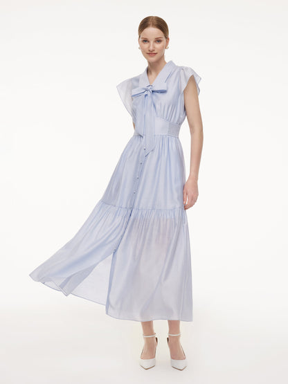 Tencel Acetate Blend Ruffle Cap Sleeve Women Maxi Dress With Ribbon