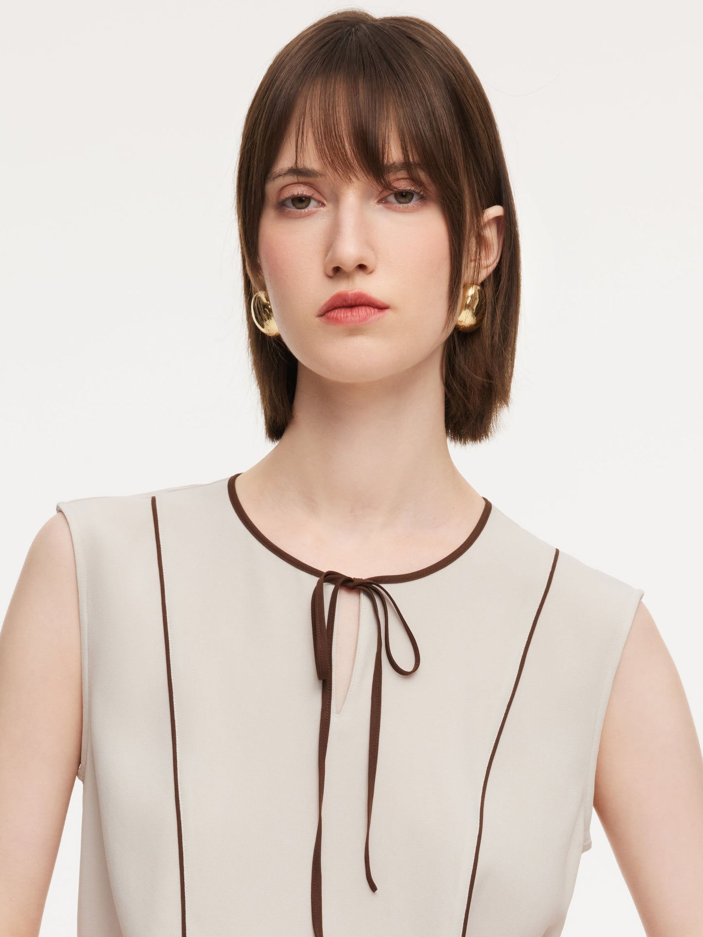Acetate Blend Tie Front Contrast Trim Women Tank Top