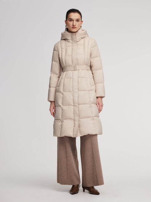 Windproof Hooded Goose Down Coat With Belt