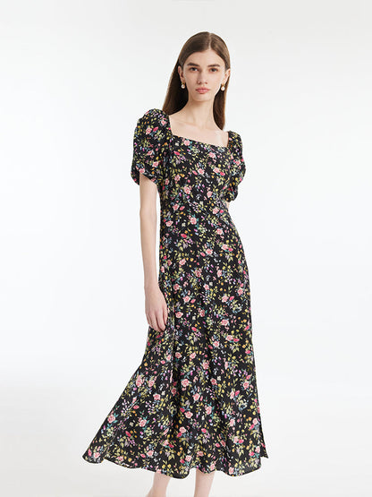 Mulberry Silk Rose Print Women Maxi Dress