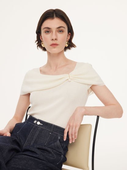 Lyocell Blend Off Shoulder Women Knit Top With Detachable Magnetic Flower