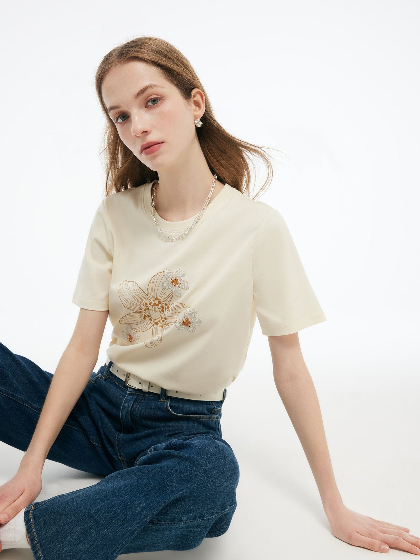 Flower Print Women Knit T-Shirt