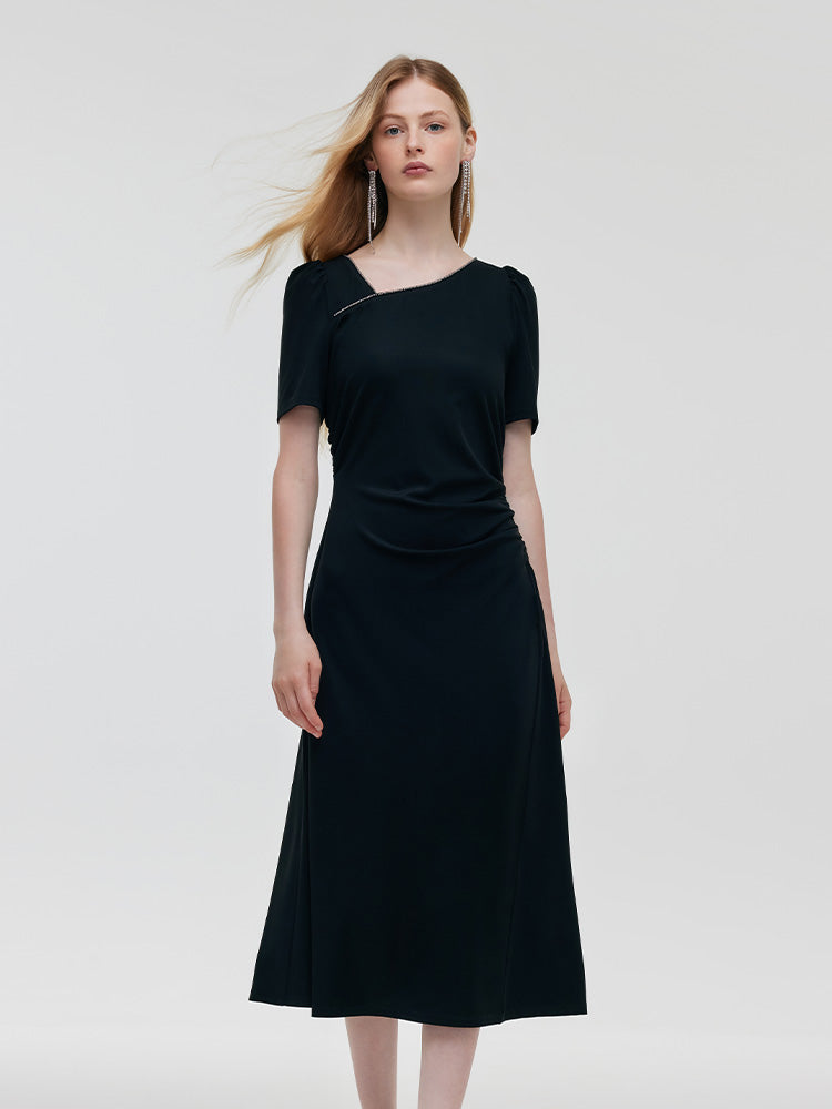 Acetate Asymmetric Neck Women Midi Dress