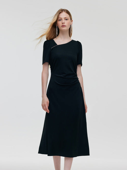 Acetate Asymmetric Neck Women Midi Dress