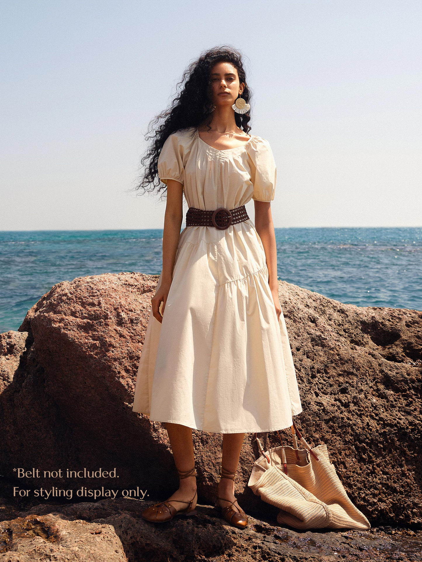 100% Cotton A-Line Women Maxi Dress With Two Tie Belts