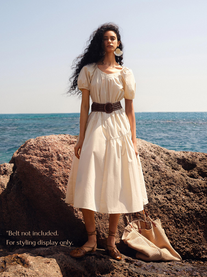 100% Cotton A-Line Women Maxi Dress With Two Tie Belts