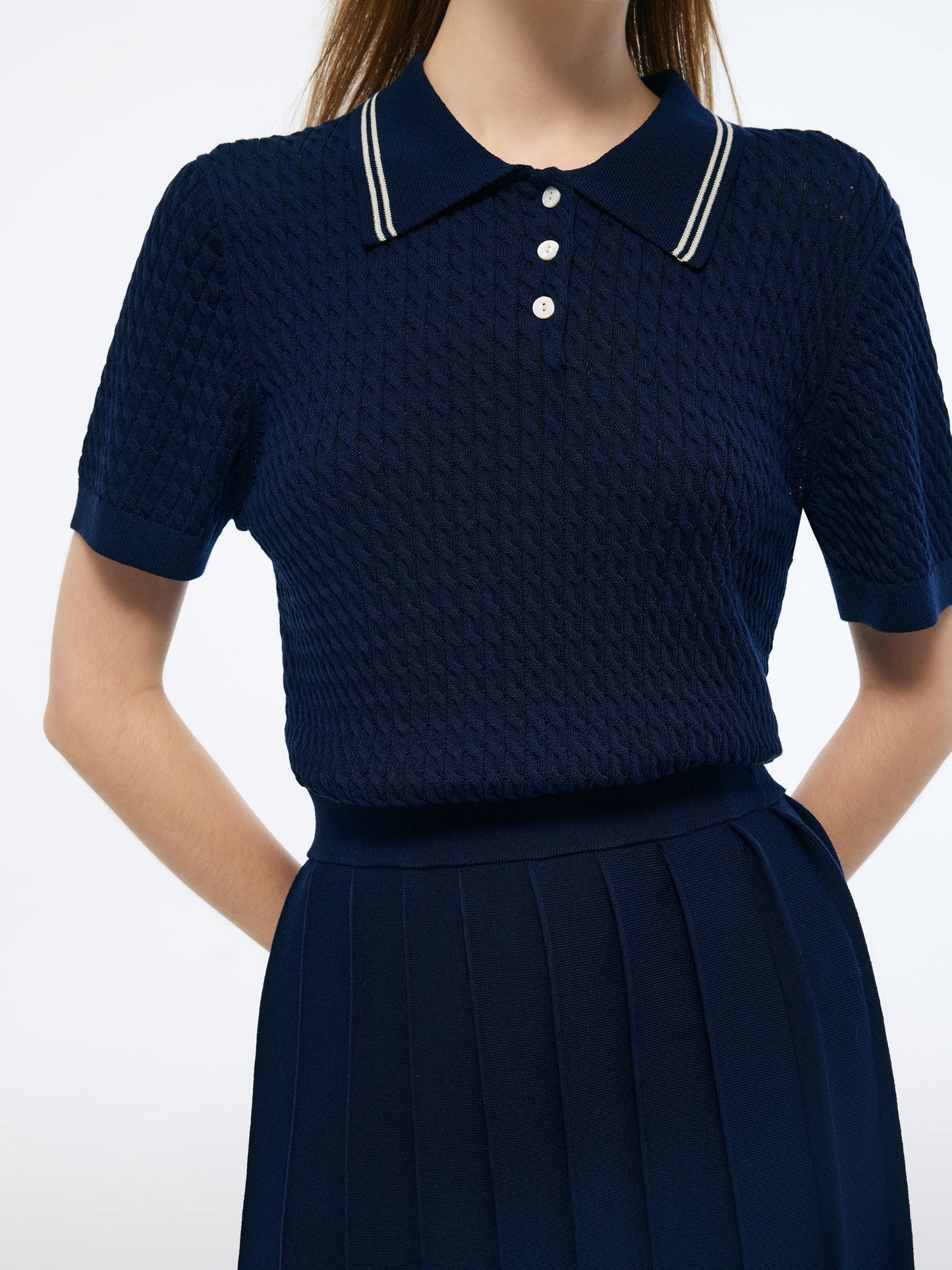 Lyocell Blend Polo Knit Top And Pleated Skirt Two-Piece Set