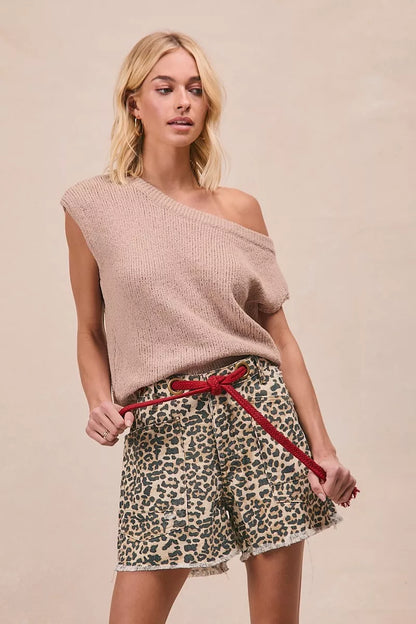 BiBi Braided Waist Belt Patch Pockets Leopard Print Shorts