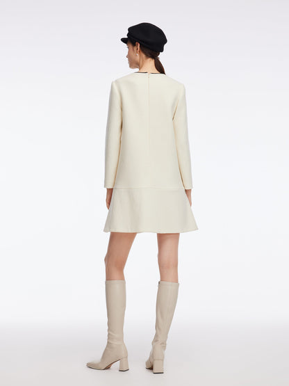 100% Wool Contrast Trim Neck A-Line Women Mini Dress