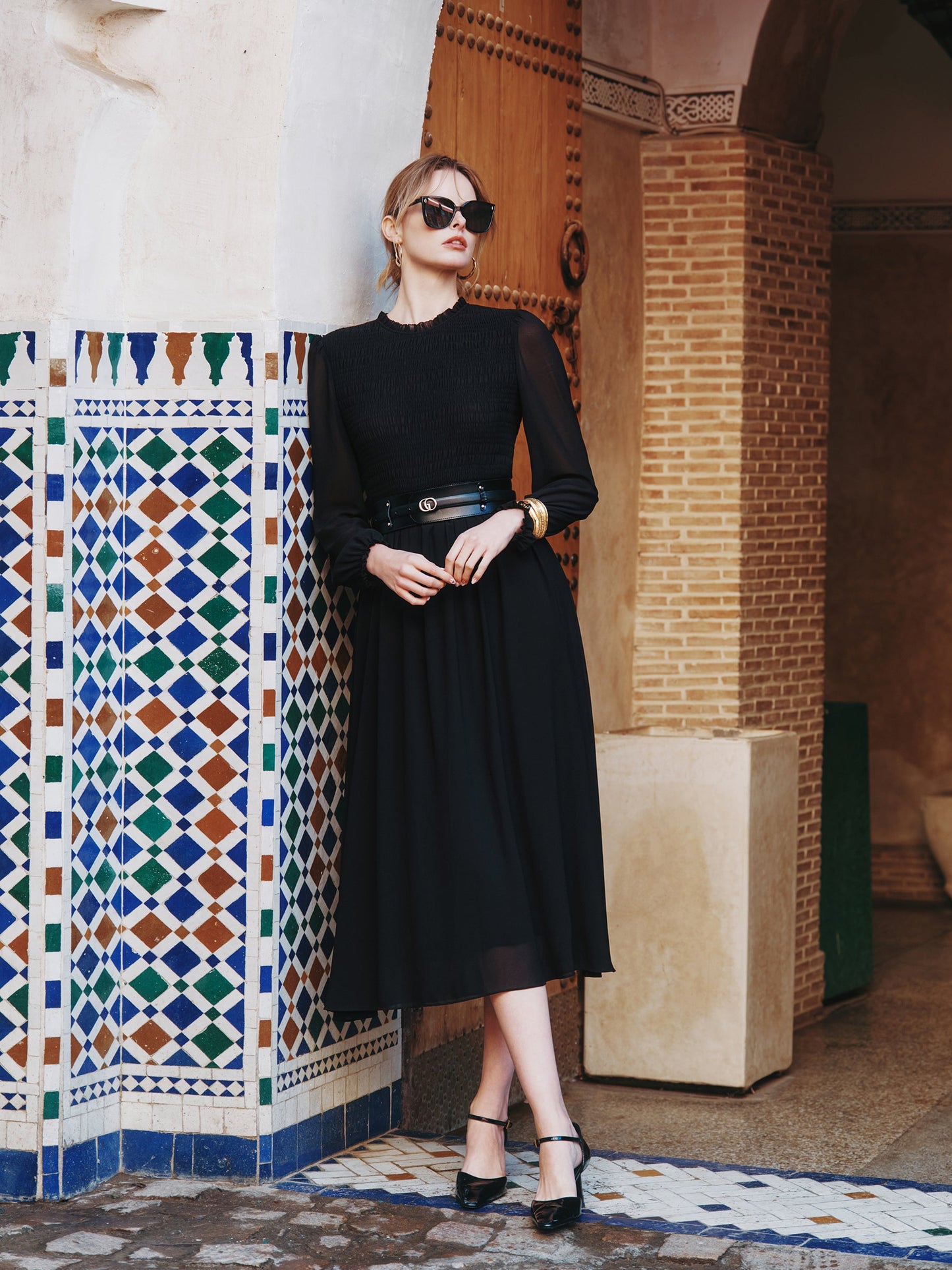 Ruffle Round Neck Women Smocked Maxi Dress
