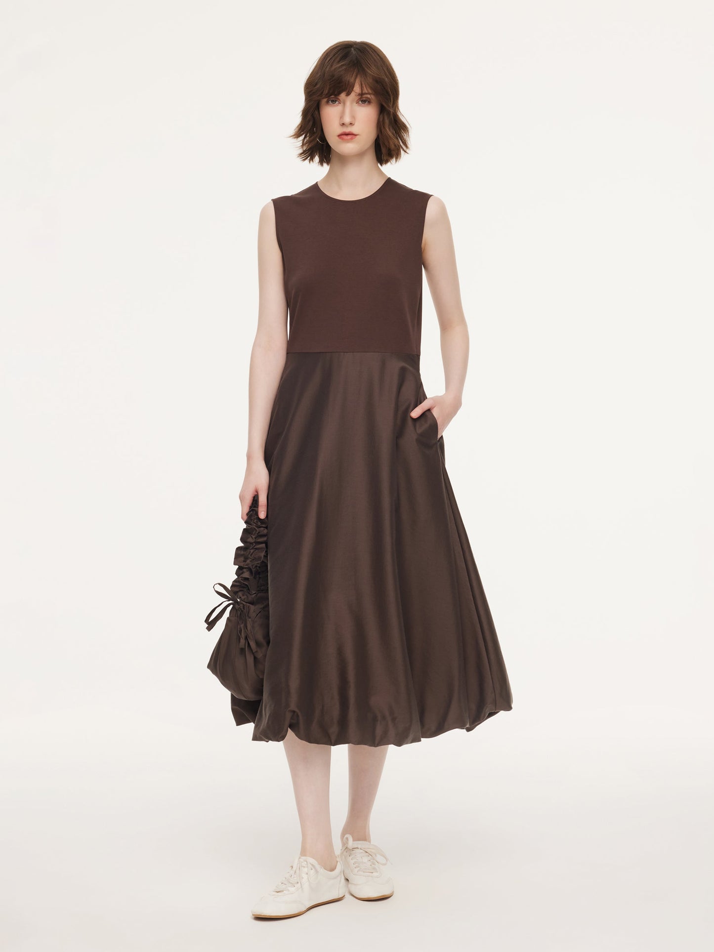 Dark Brown Patchwork Bubble Hem Women Sleeveless Maxi Dress With Bag