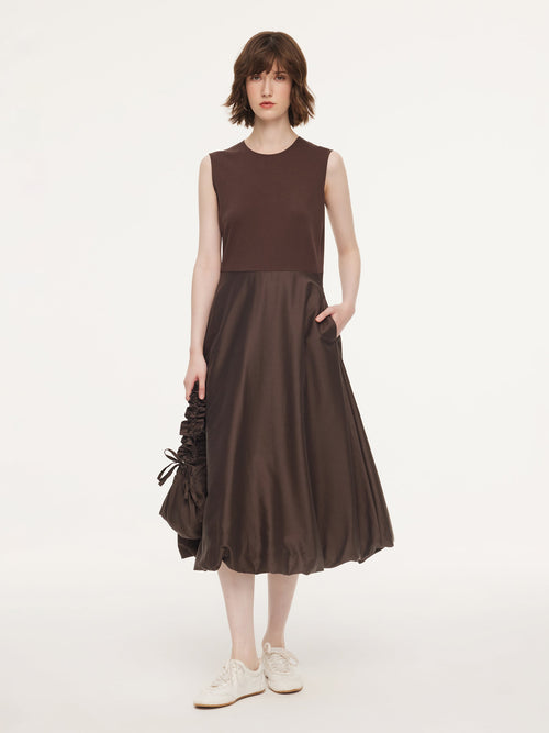 Dark Brown Patchwork Bubble Hem Women Sleeveless Maxi Dress With Bag