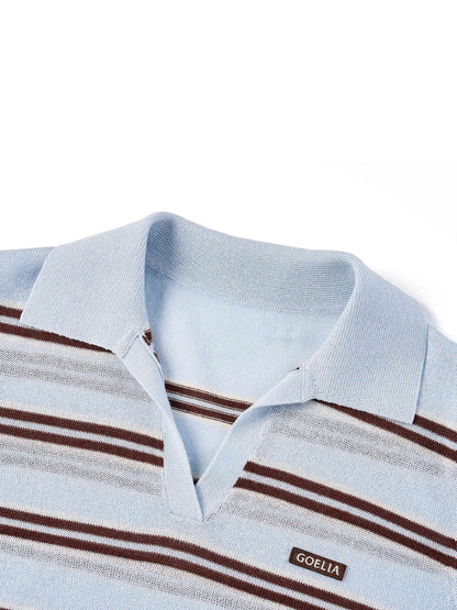 Navy Combo Stripe Women Polo Knit Top