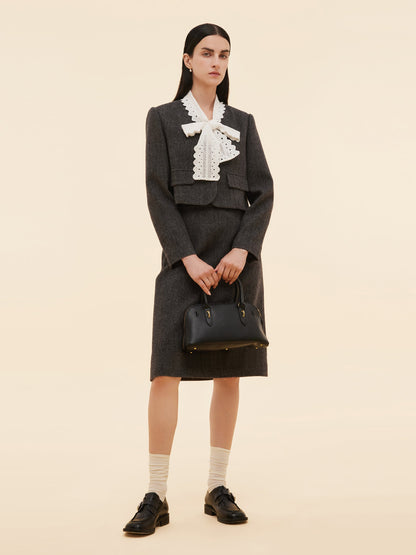 100% Washable Wool Crop Jacket And Skirt Two-Piece Set