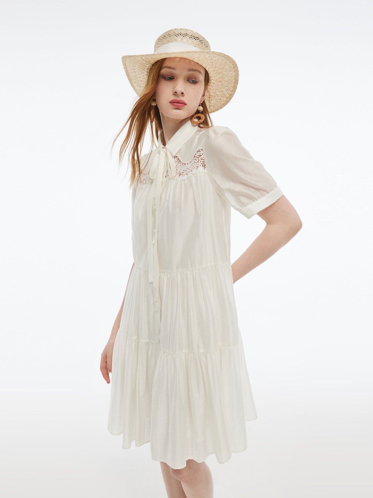 Tencel Blend Women Tiered Mini Dress With Ribbon