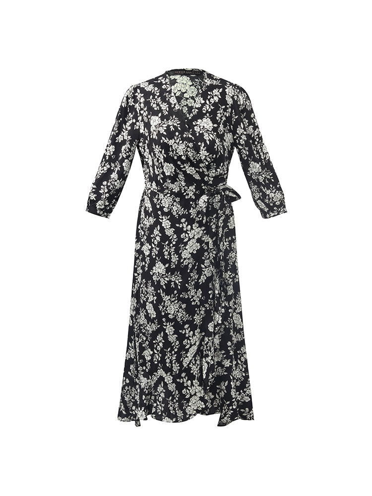 Camellia Print V-Neck Ruffle Hem Women Midi Wrap Dress