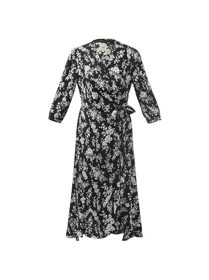 Camellia Print V-Neck Ruffle Hem Women Midi Wrap Dress