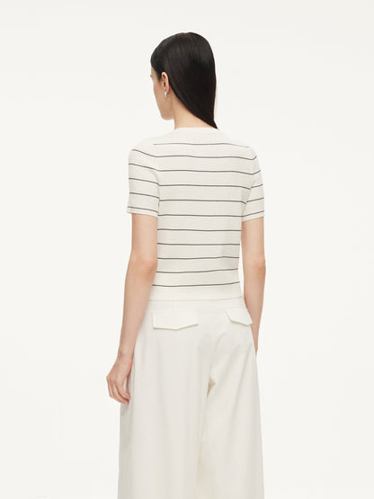 Lyocell Blend Stripe Round Neck Women Cardigan