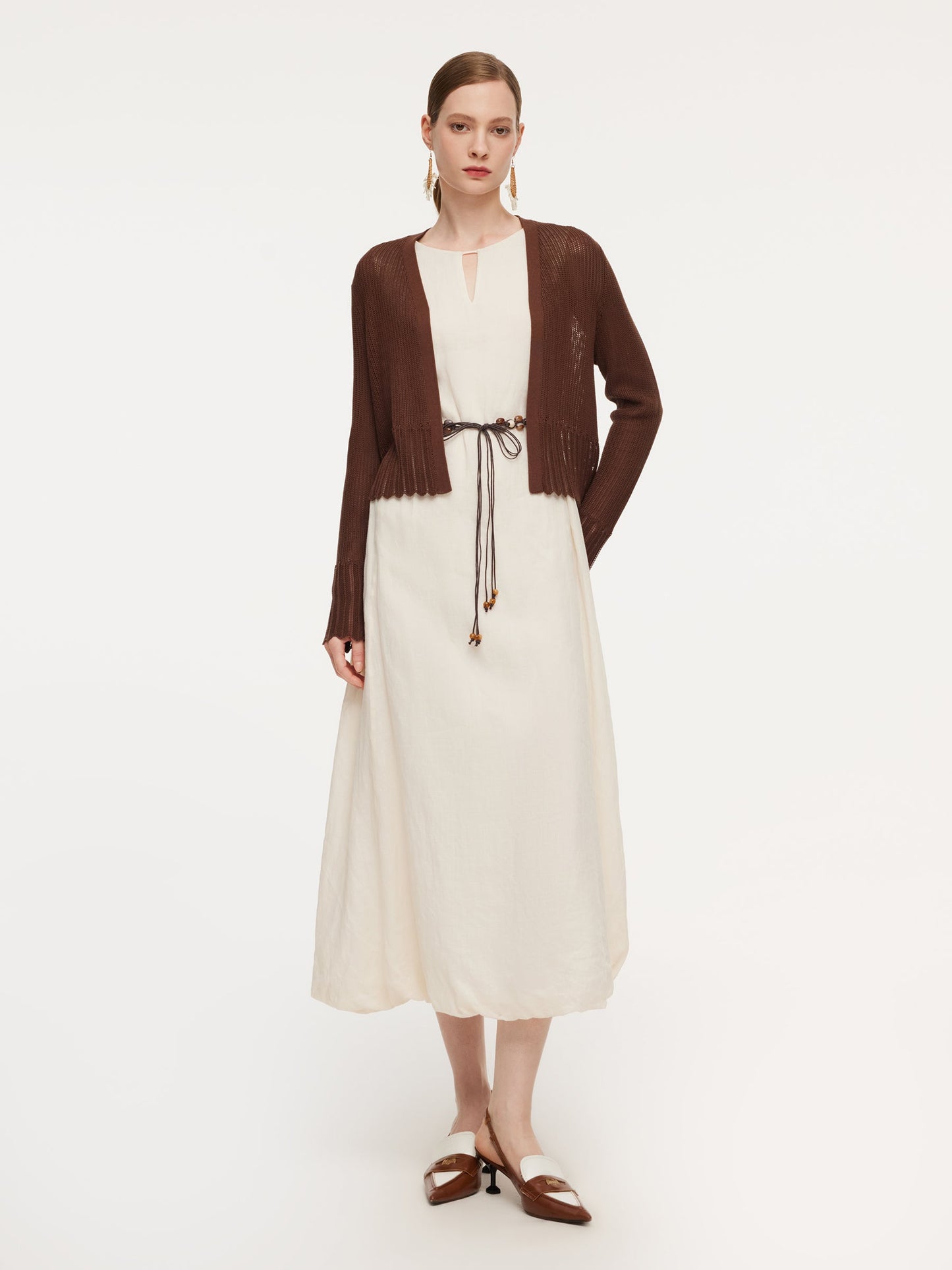100% Ramie Bubble Hem Women Sleeveless Maxi Dress With Tie String Belt